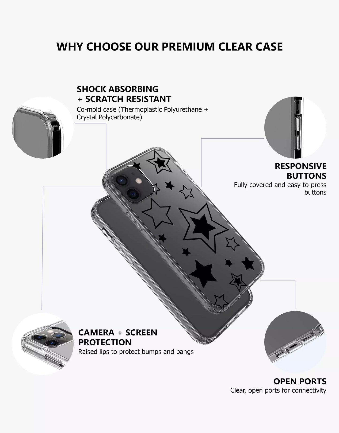 Pretty Black Y2K Stars iPhone Case - URBANLUSA