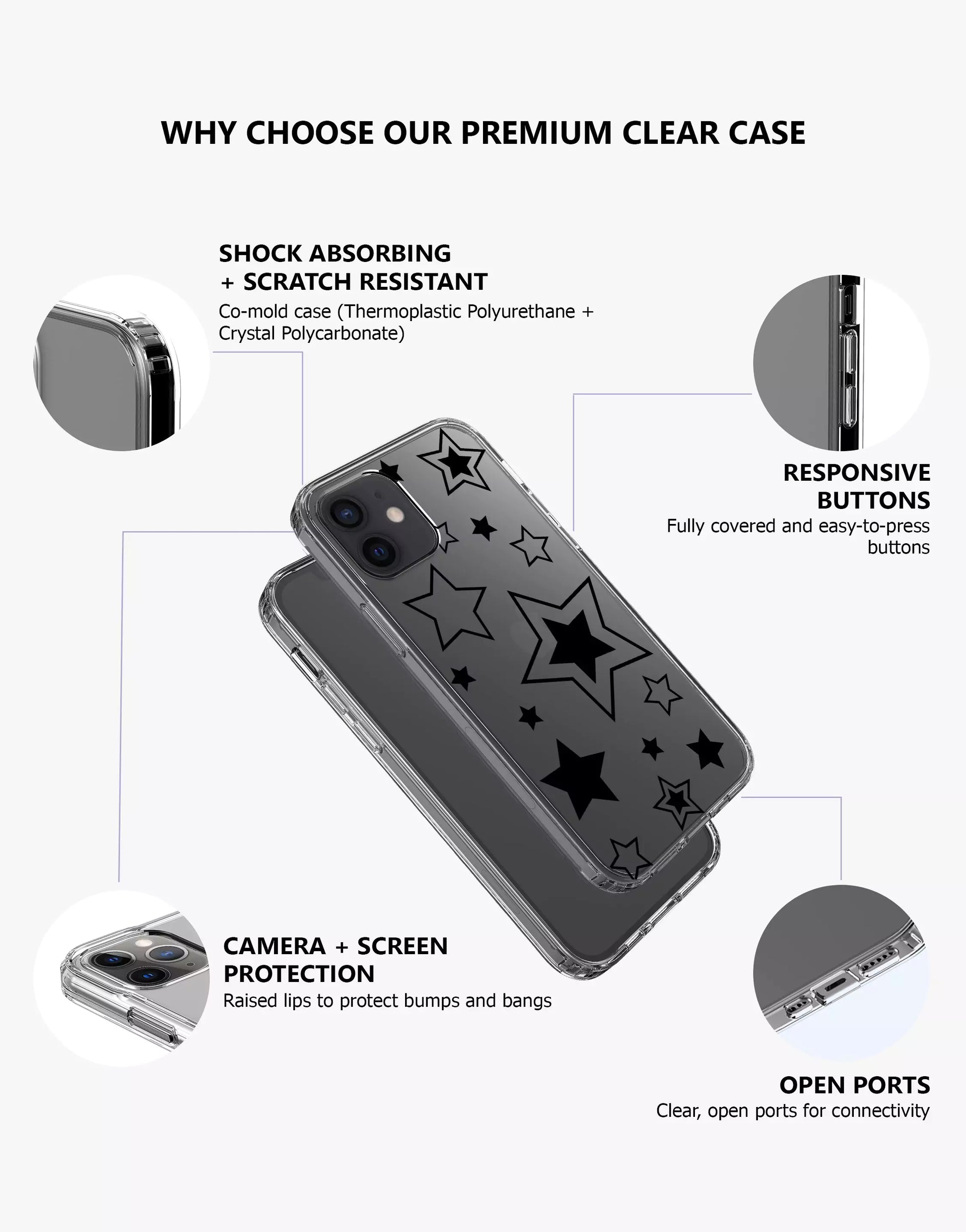Pretty Black Y2K Stars iPhone Case - URBANLUSA