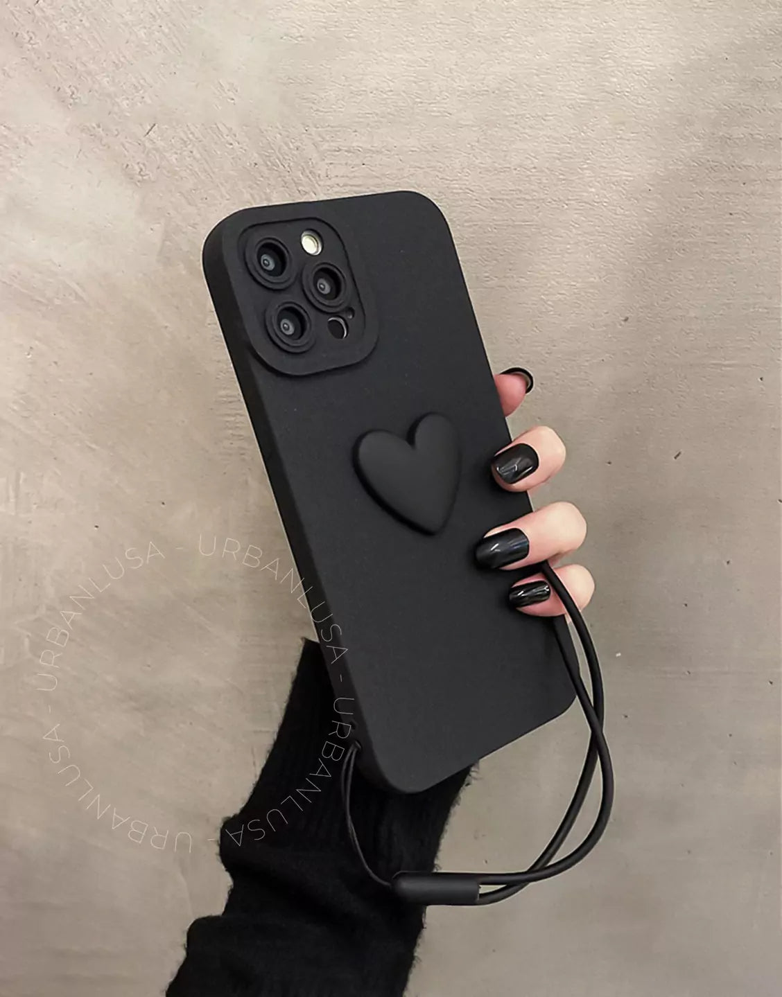 Simple Heart iPhone Case with Wrist Strap in Black