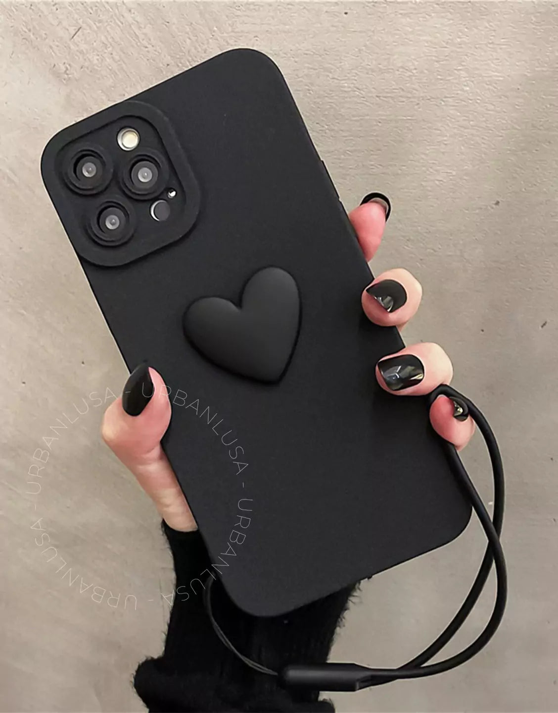 Simple Heart iPhone Case with Wrist Strap in Black