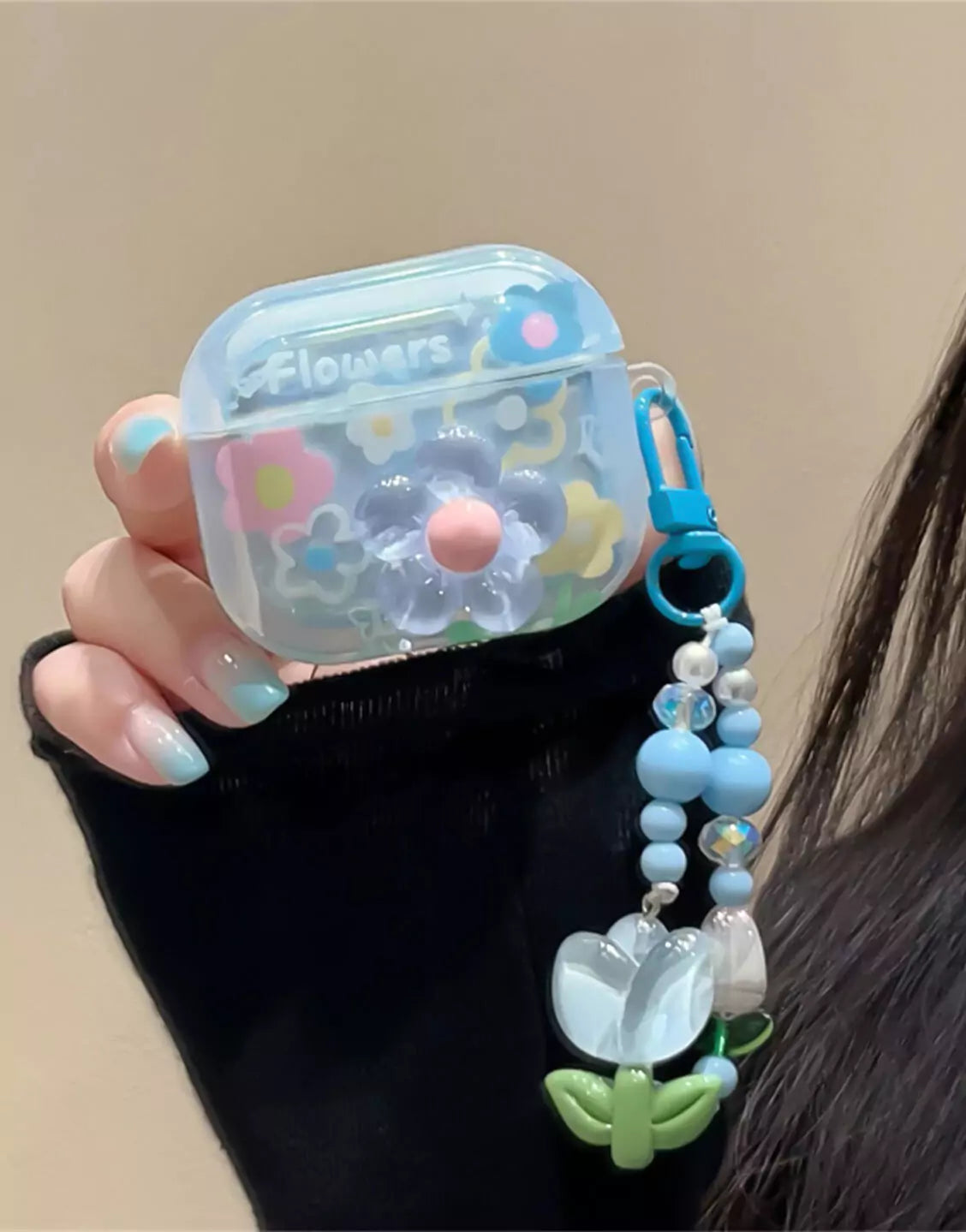 Blue Flowers AirPods Case with Tulip Pendant - URBANLUSA