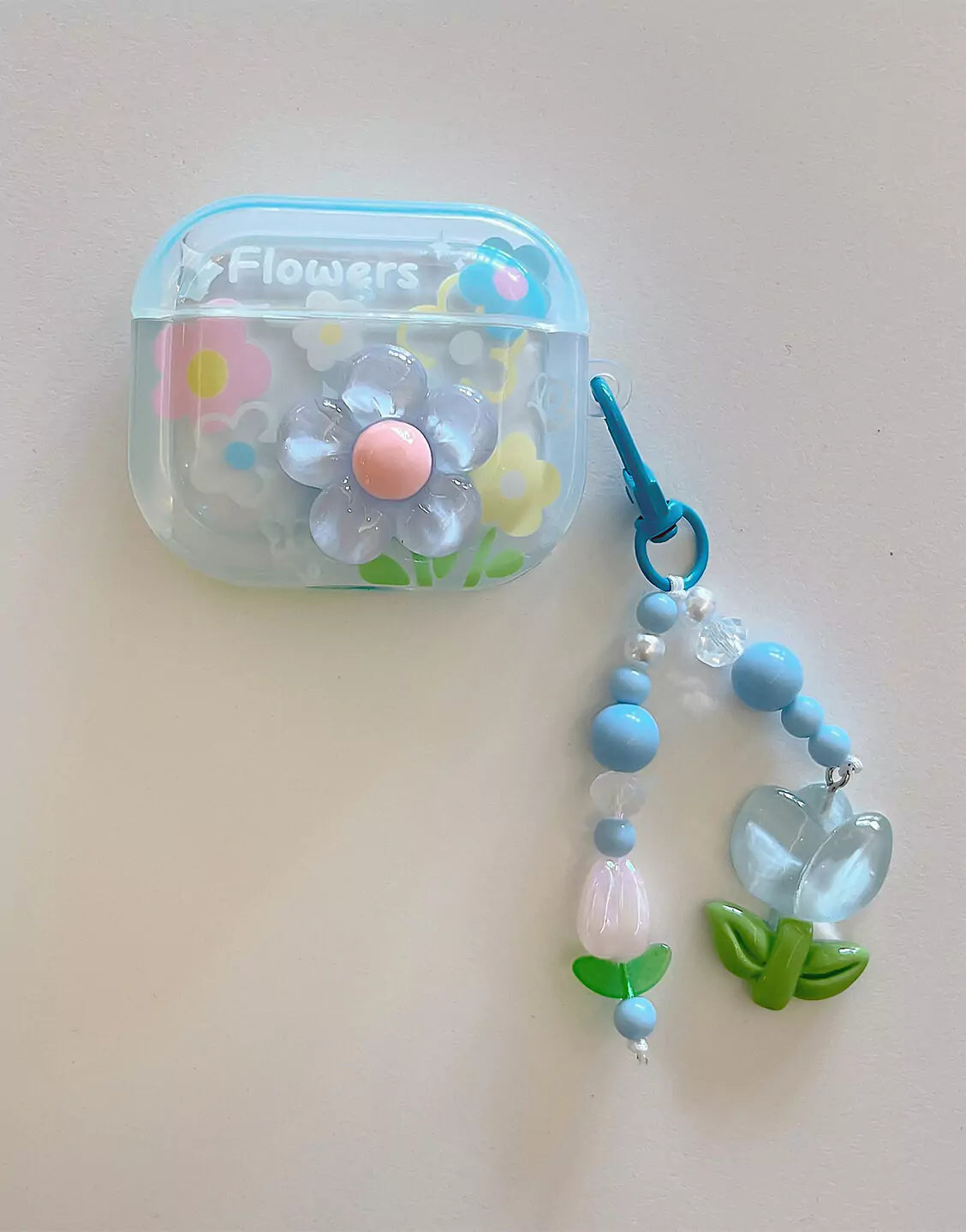 Blue Flowers AirPods Case with Tulip Pendant - URBANLUSA