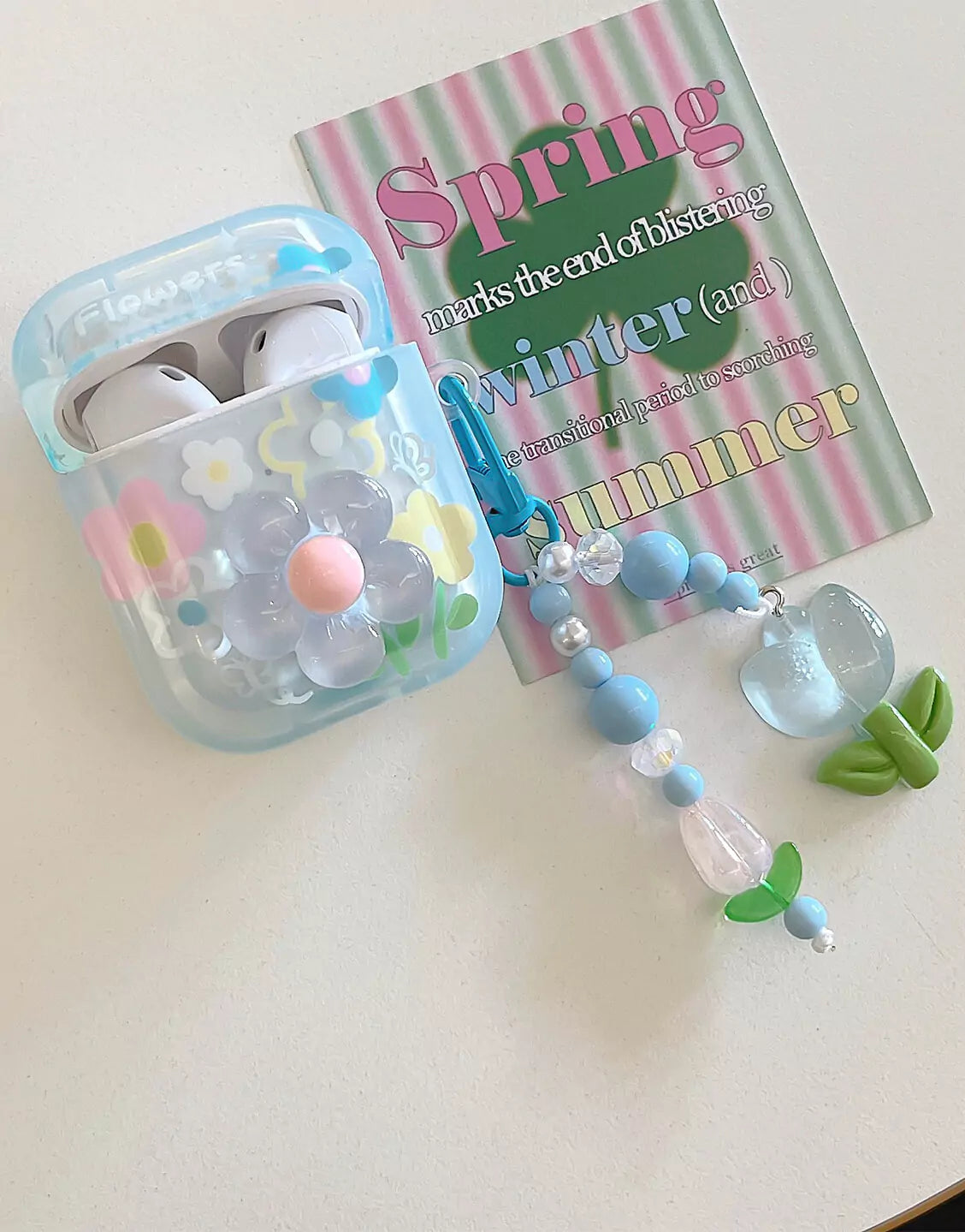 Blue Flowers AirPods Case with Tulip Pendant - URBANLUSA