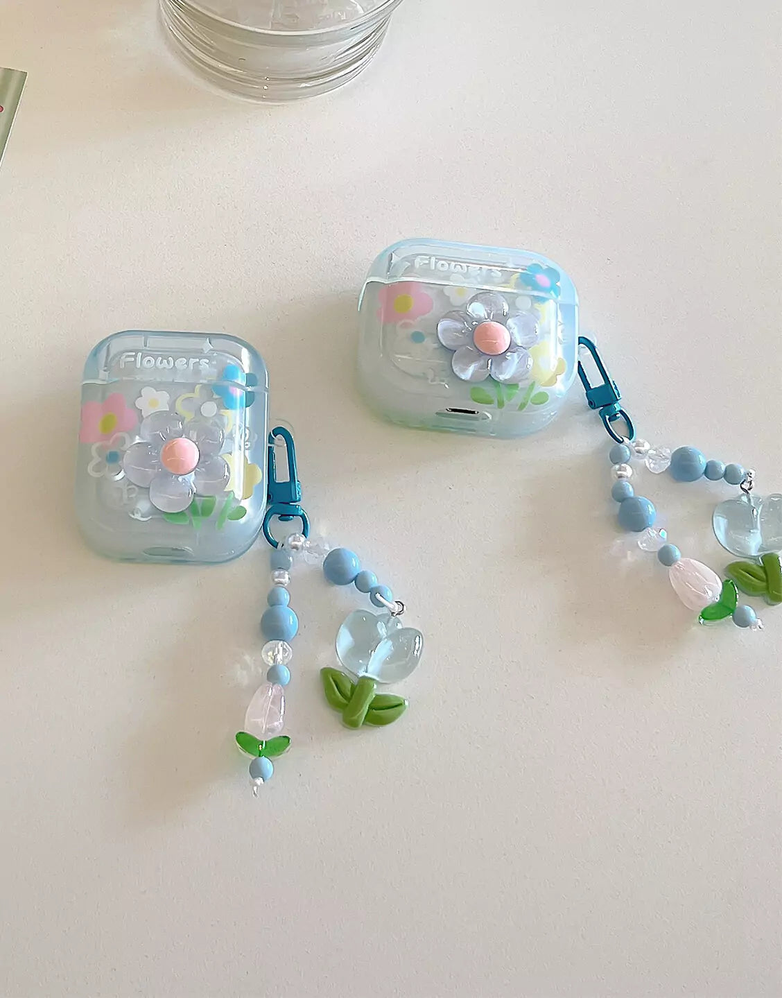 Blue Flowers AirPods Case with Tulip Pendant - URBANLUSA