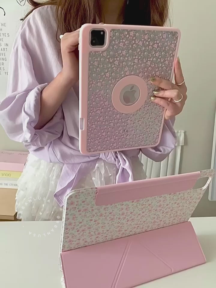 Retro Soft Pink Floral Print Magnetic iPad Case with Pencil Holder for iPad 10.2 iPad Air 5 4th 3rd Generation 10.9 2022 10th iPad 9.7 5 6th 2020 2021 2024 Pro 11 Case