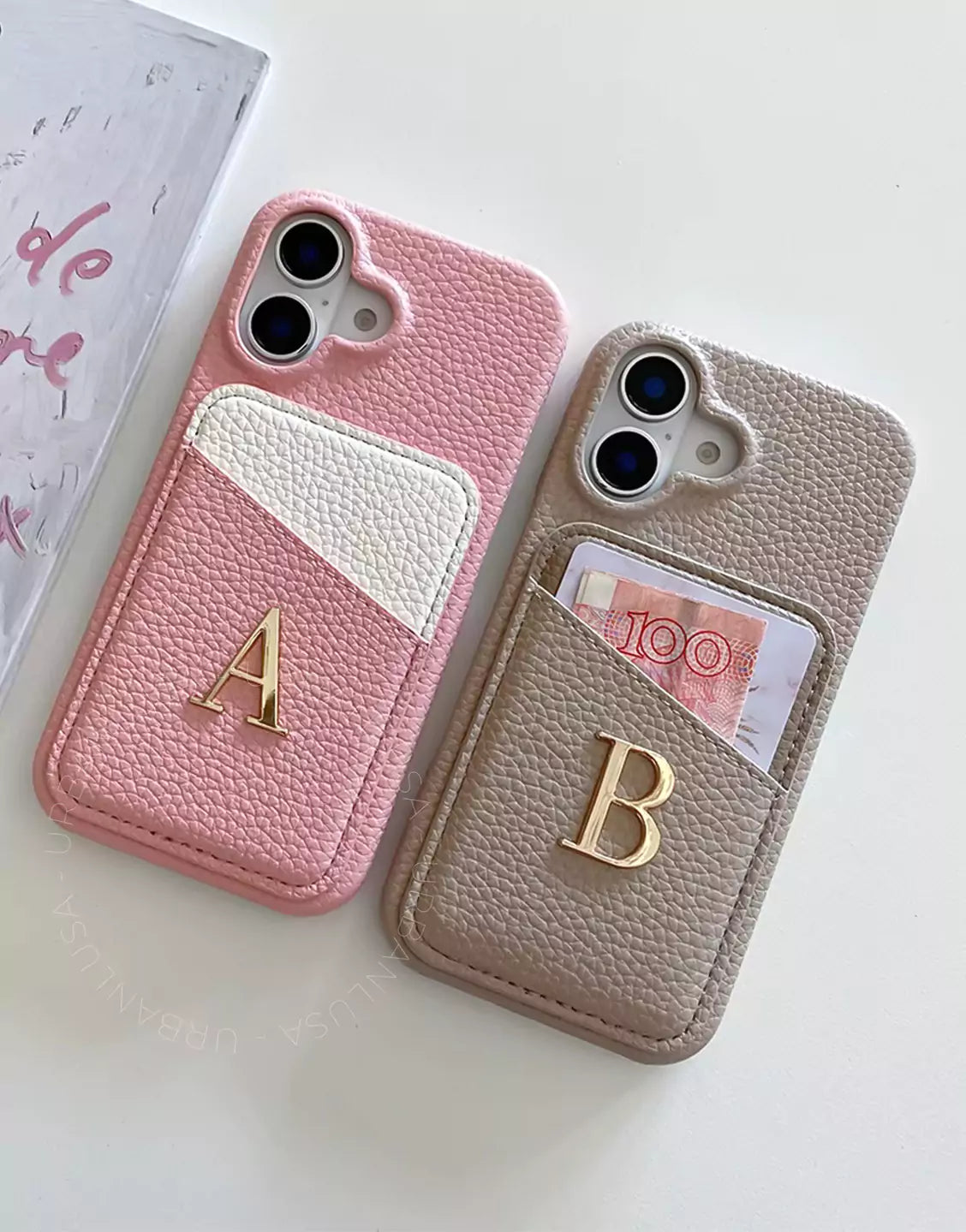 Custom Initial Name Leather Phone Case with Card Holder for iPhone 16 15 14 13 12 11 Pro Max Cute iPhone 16 15 14 13 12 11 Case Aesthetic Phone Case Gift for Her