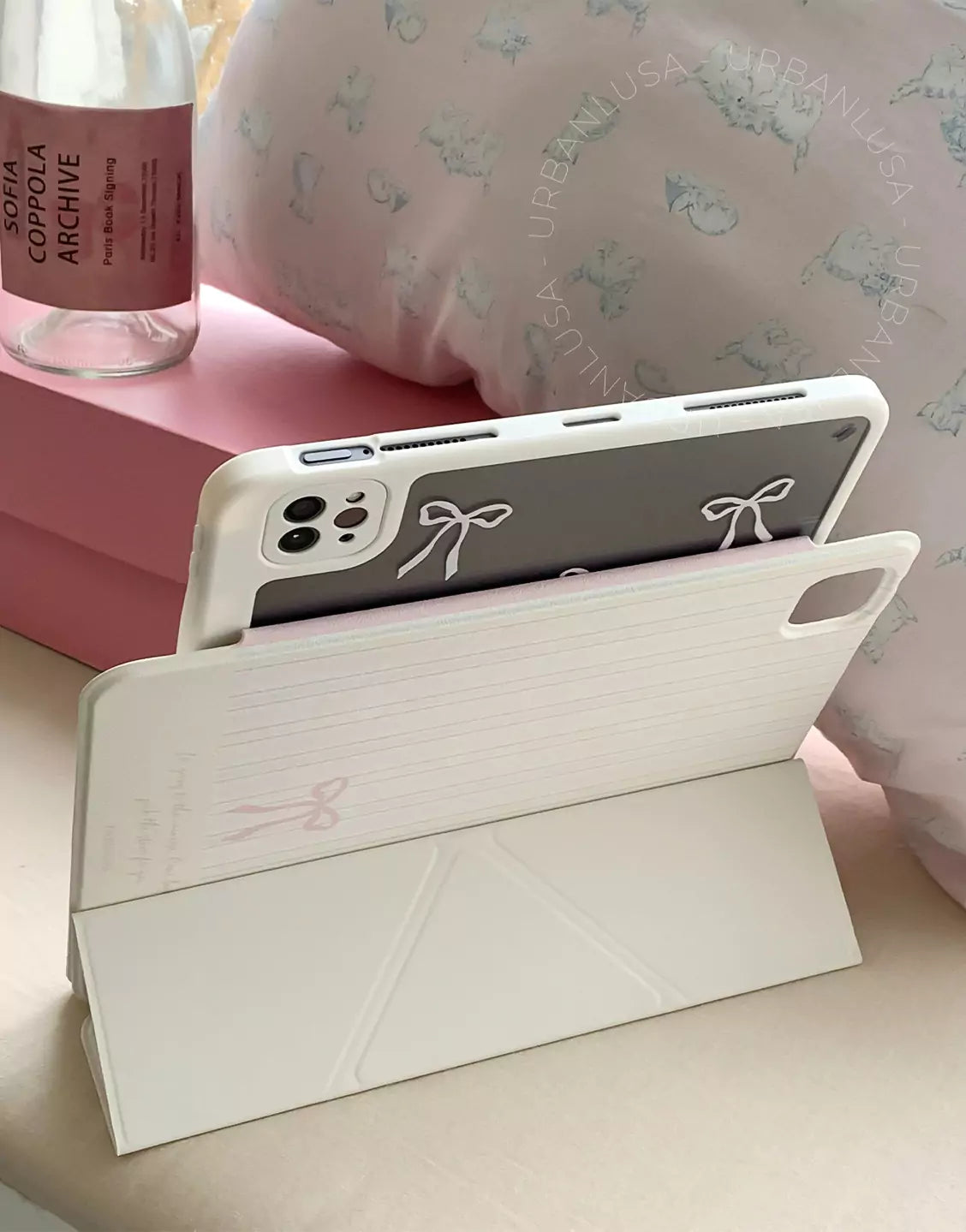 Dreamy Pink Coquette Bowknot Stripes Magnetic iPad Case