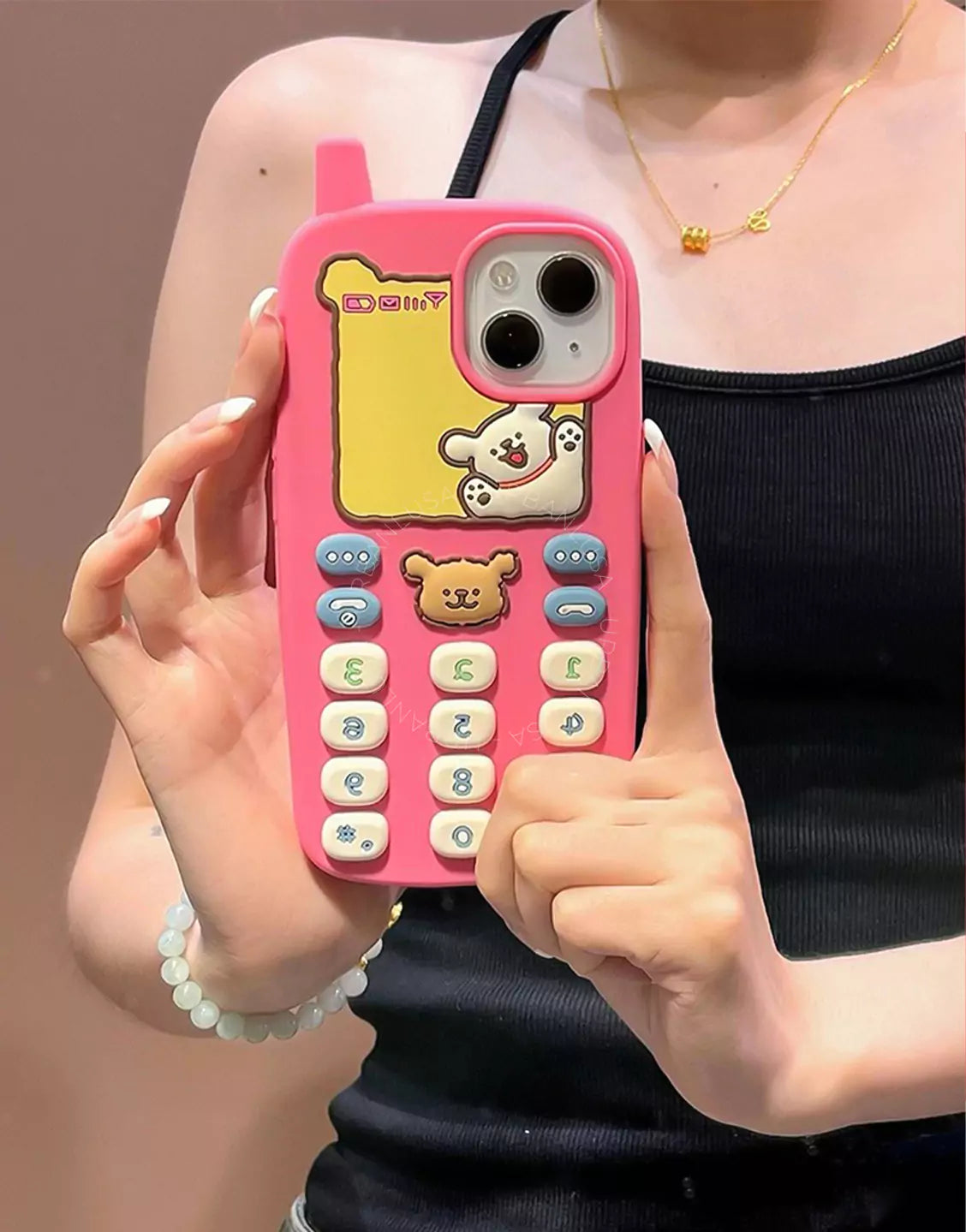 Happy Puppy Pink Classic Telephone Style Phone Case for iPhone 16 15 14 13 12 Pro Max Cute iPhone 16 15 14 13 12 Case Kawaii Aesthetic Phone Case
