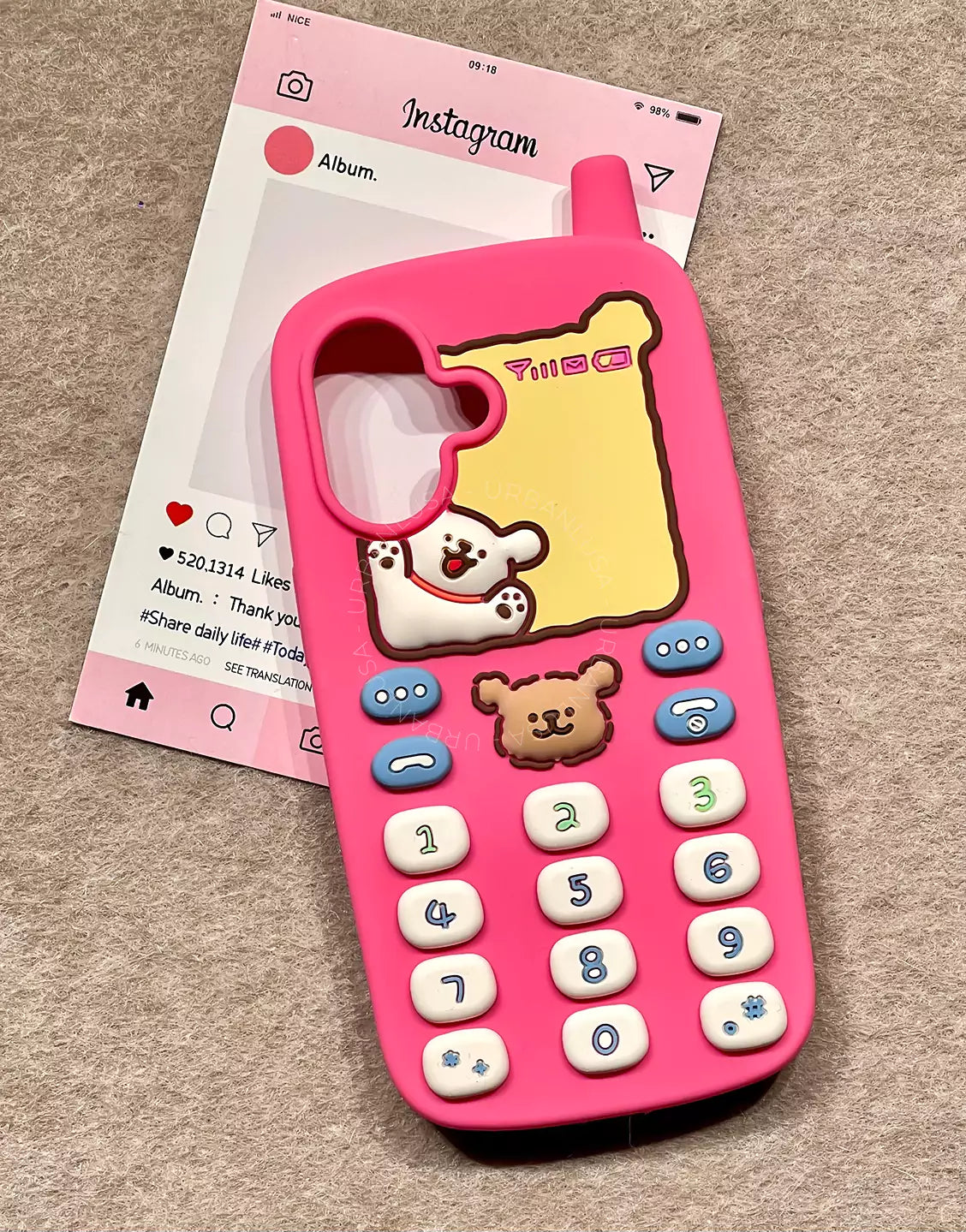 Happy Puppy Pink Classic Telephone Style Phone Case for iPhone 16 15 14 13 12 Pro Max Cute iPhone 16 15 14 13 12 Case Kawaii Aesthetic Phone Case
