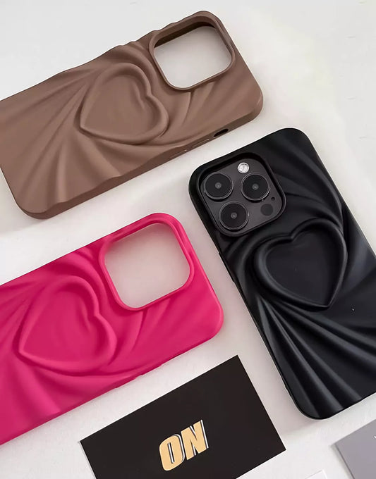 Cute Brown Matte 3D Wrinkled Heart iPhone Case