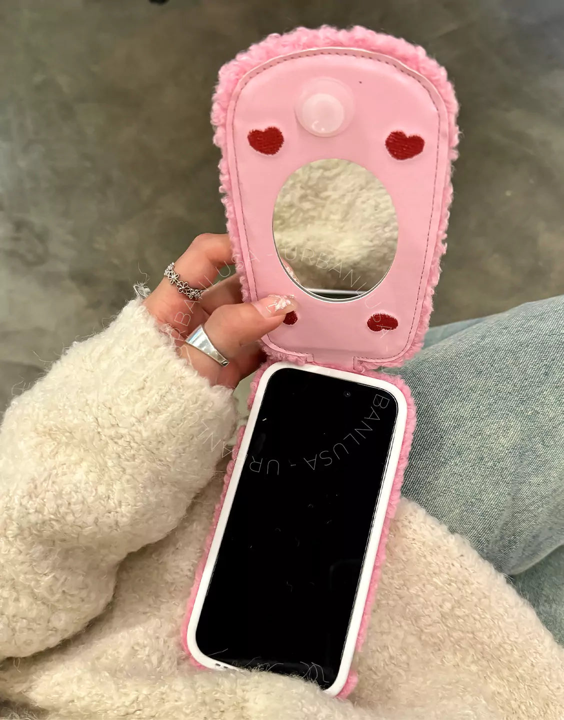 Kawaii Pink Plush Kitty Cat Flip iPhone Case with Mirror