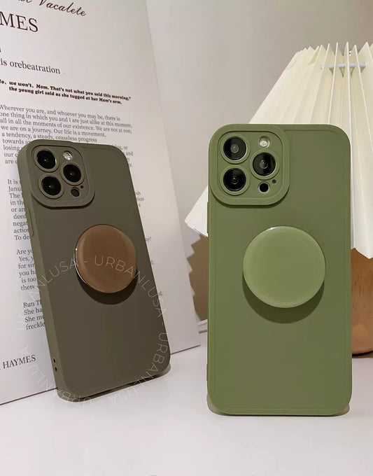 Retro Matte Cute iPhone Case With Holder - Dark Green-Grey