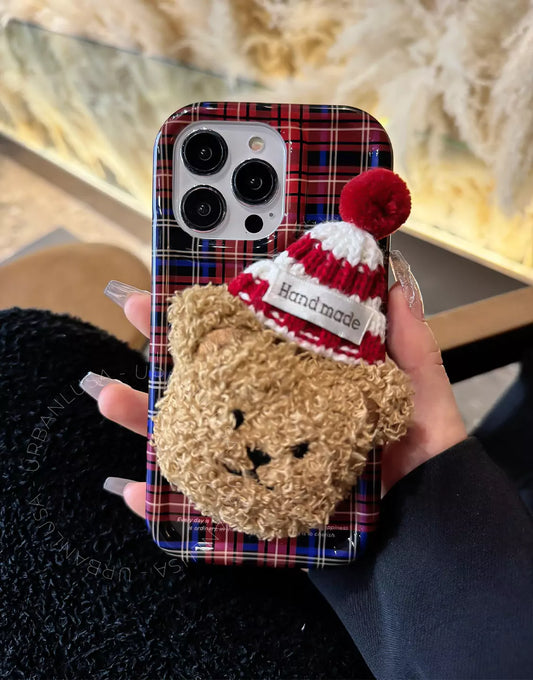 Retro Red Plaid iPhone Case with Beanie Hat Bear Phone Grip - URBANLUSA