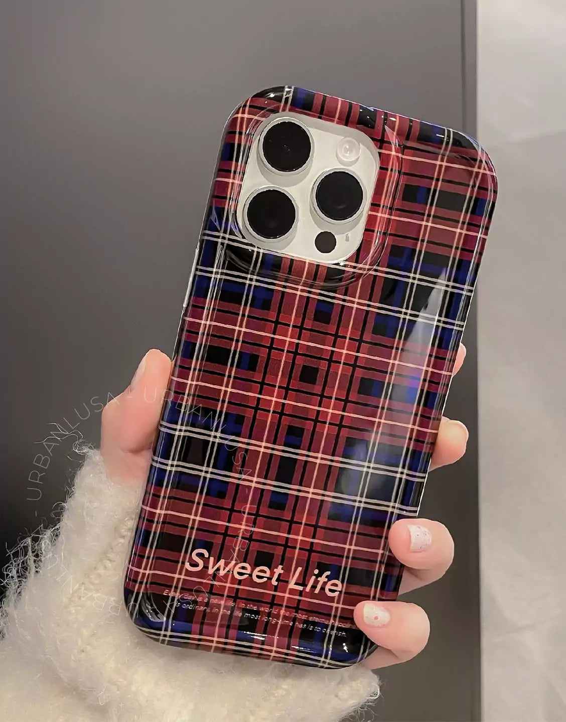 Retro Red Plaid iPhone Case with Beanie Hat Bear Phone Grip - URBANLUSA