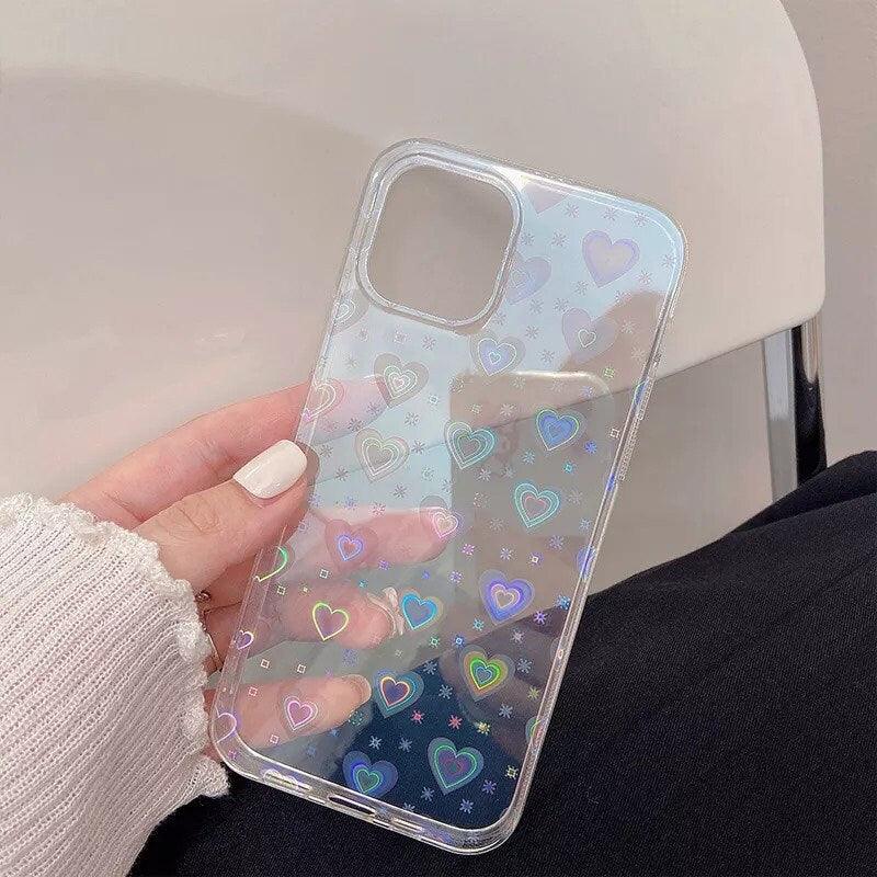 Colorful Halo Reflective Heart Clear iPhone Case - URBANLUSA