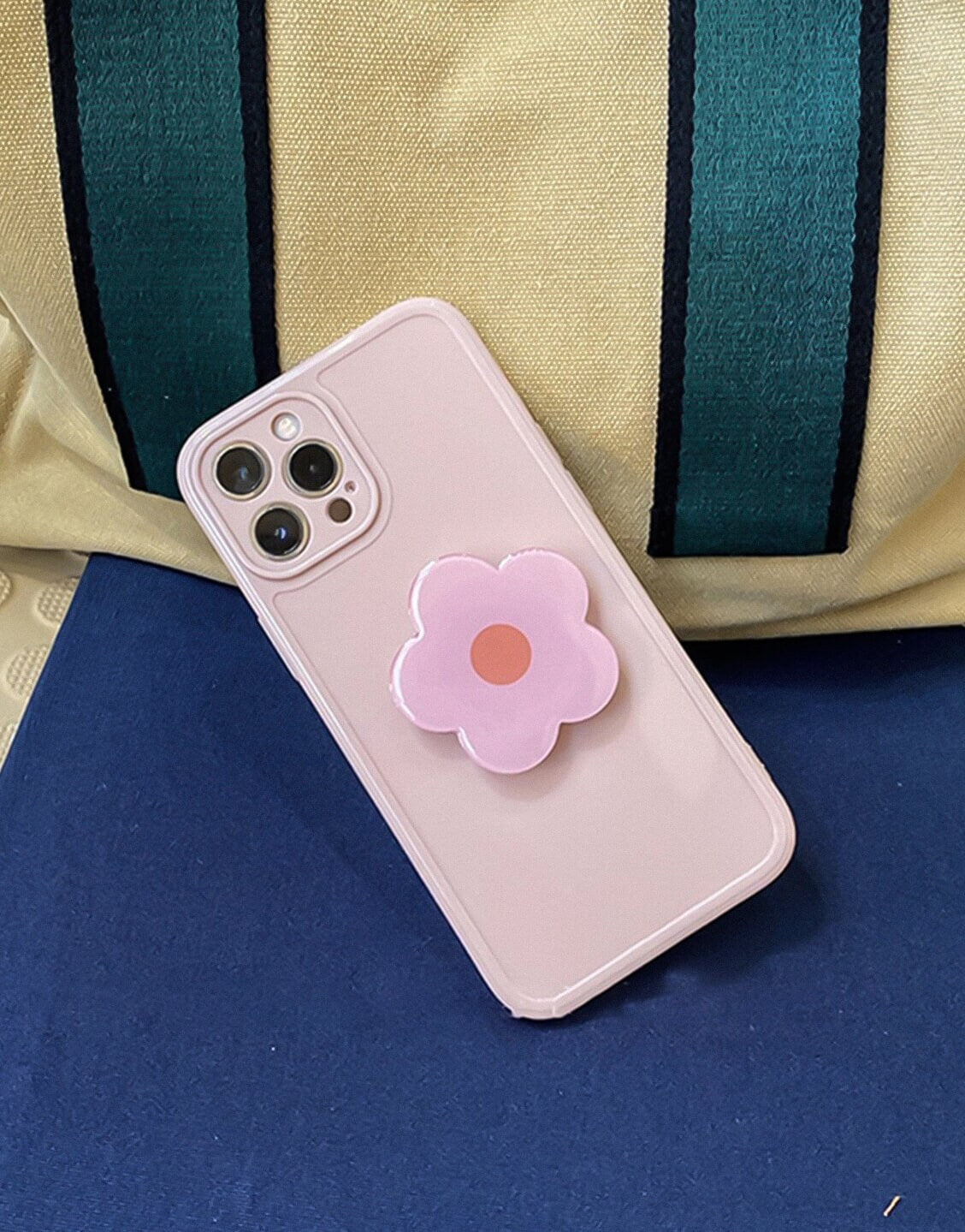 Pink Minimal iPhone Case with Pink Flower Bracket Holder - URBANLUSA