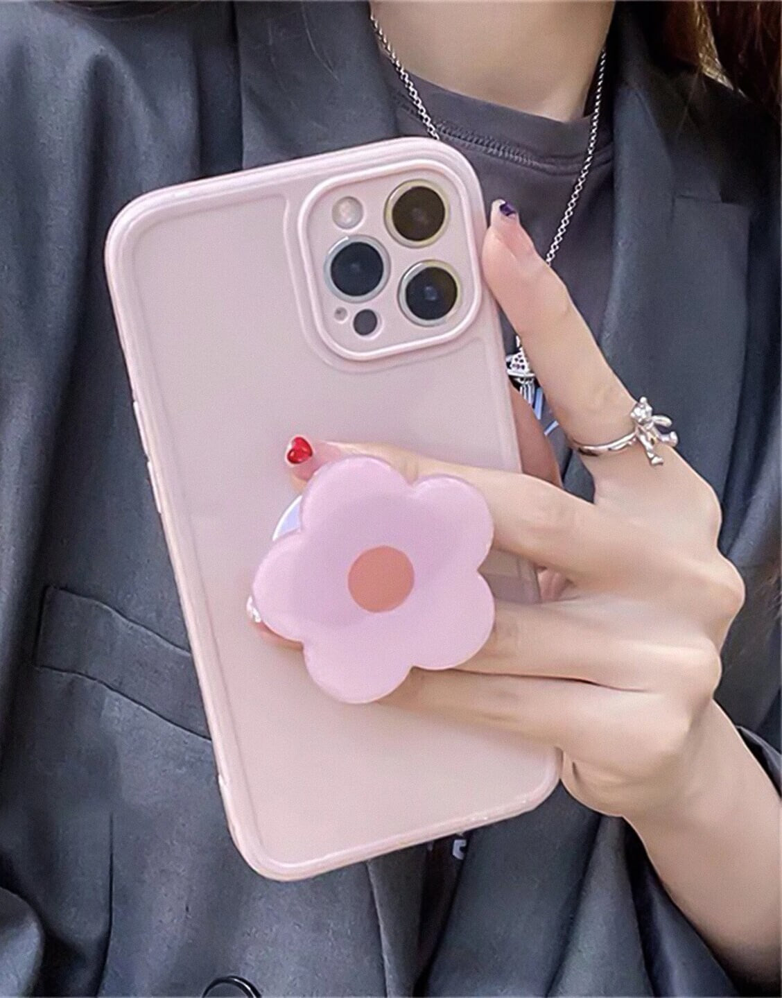 Pink Minimal iPhone Case with Pink Flower Bracket Holder - URBANLUSA