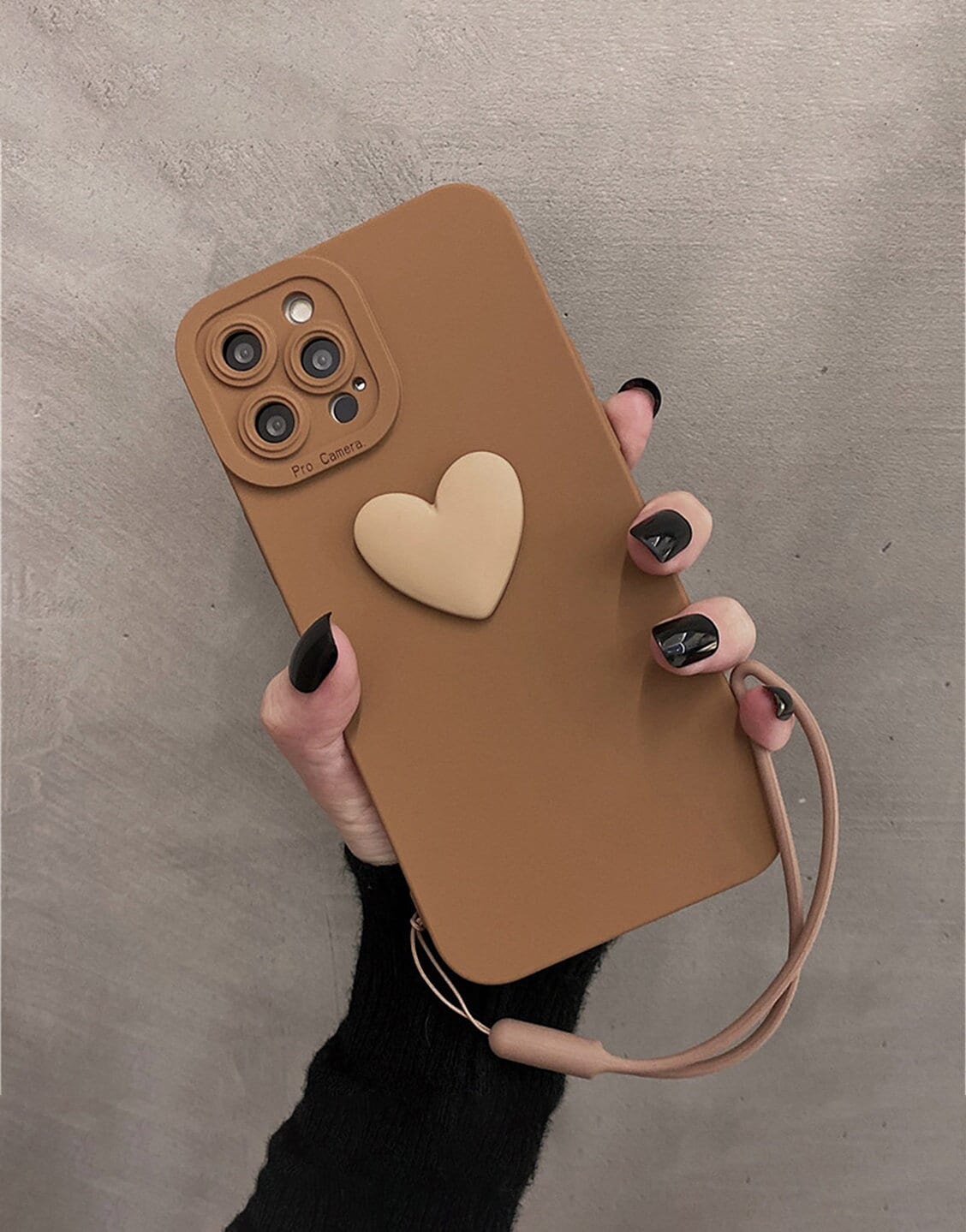 Simple Heart iPhone Case with Wrist Strap in Brown - URBANLUSA