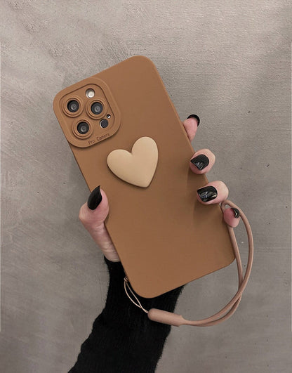 Simple Heart iPhone Case with Wrist Strap in Brown - URBANLUSA