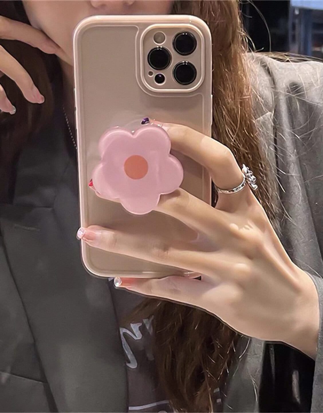 Pink Minimal iPhone Case with Pink Flower Bracket Holder - URBANLUSA