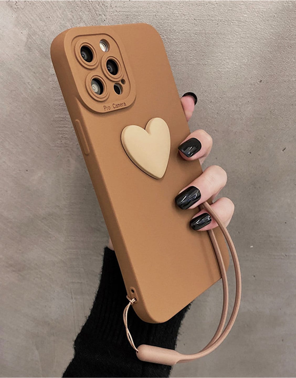 Simple Heart iPhone Case with Wrist Strap in Brown - URBANLUSA