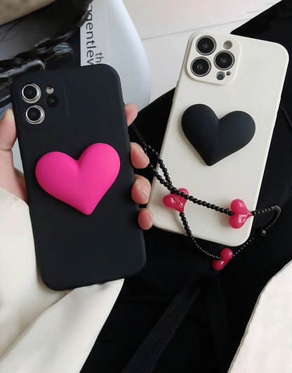 Aesthetic Black Pink Heart Phone Case with Wrist Strap - URBANLUSA