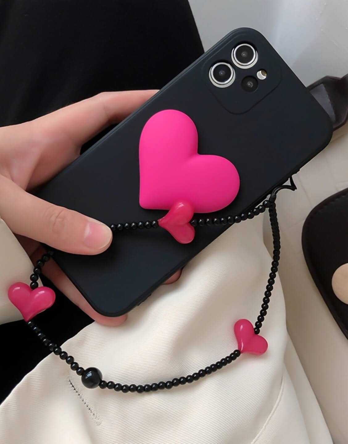 Aesthetic Black Pink Heart Phone Case with Wrist Strap - URBANLUSA