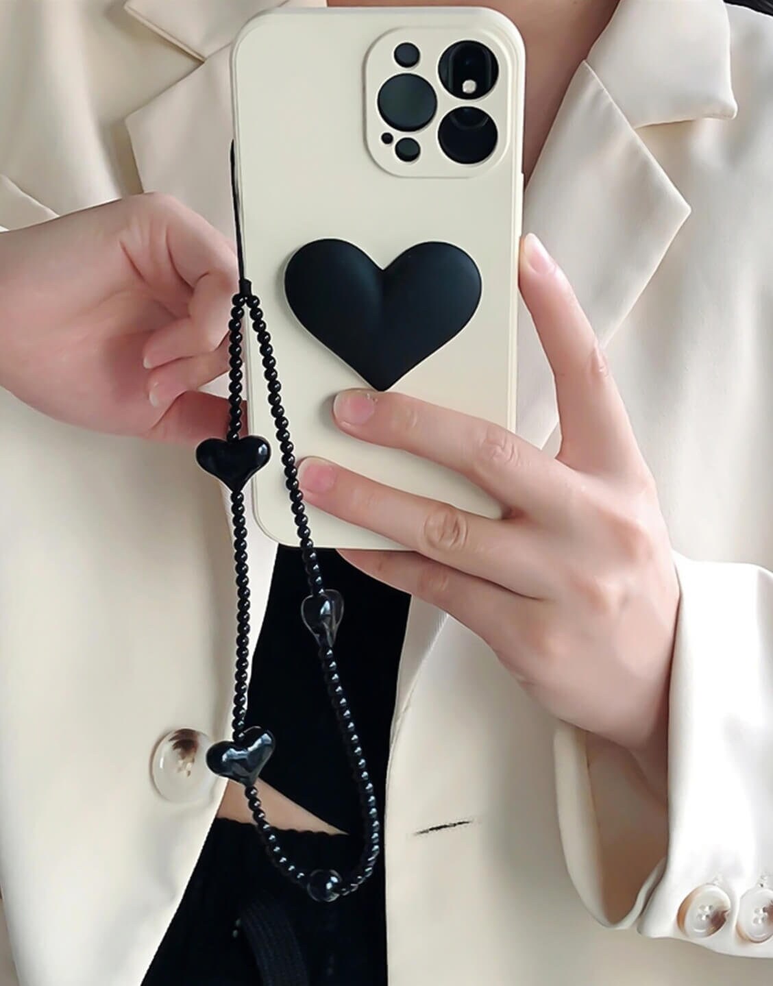 Aesthetic Black Pink Heart Phone Case with Wrist Strap - URBANLUSA