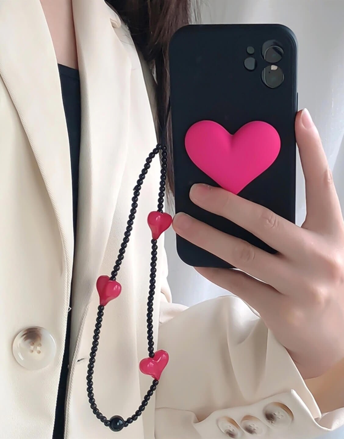 Aesthetic Black Pink Heart Phone Case with Wrist Strap - URBANLUSA