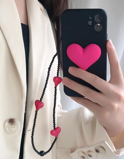 Aesthetic Black Pink Heart Phone Case with Wrist Strap - URBANLUSA