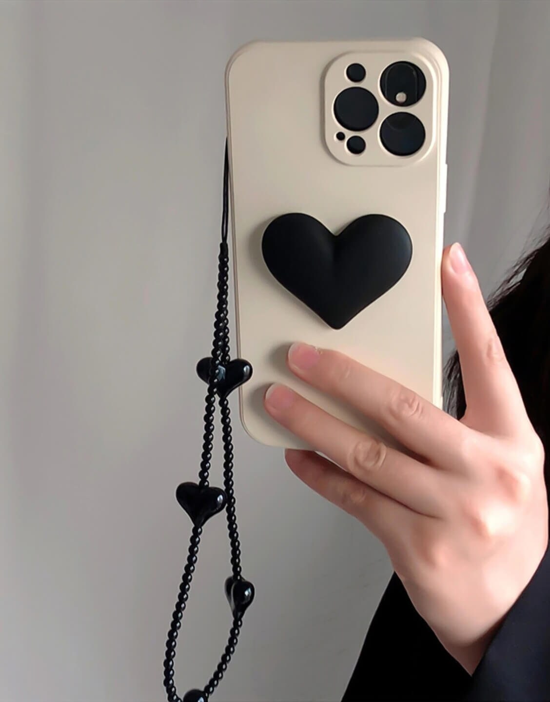 Aesthetic Black Pink Heart Phone Case with Wrist Strap - URBANLUSA