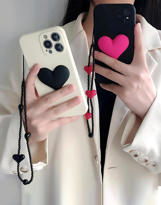 Aesthetic Black Pink Heart Phone Case with Wrist Strap - URBANLUSA