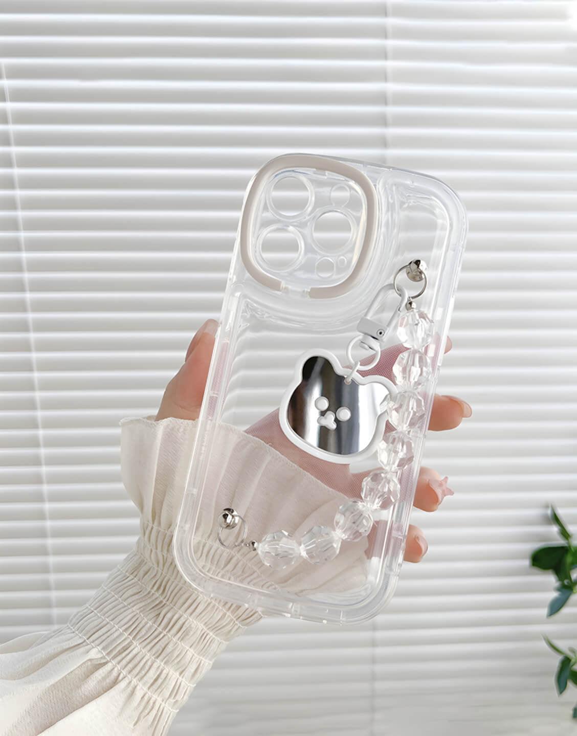 Aesthetic Cute Mirror Bear Bracelet Clear iPhone Case - URBANLUSA