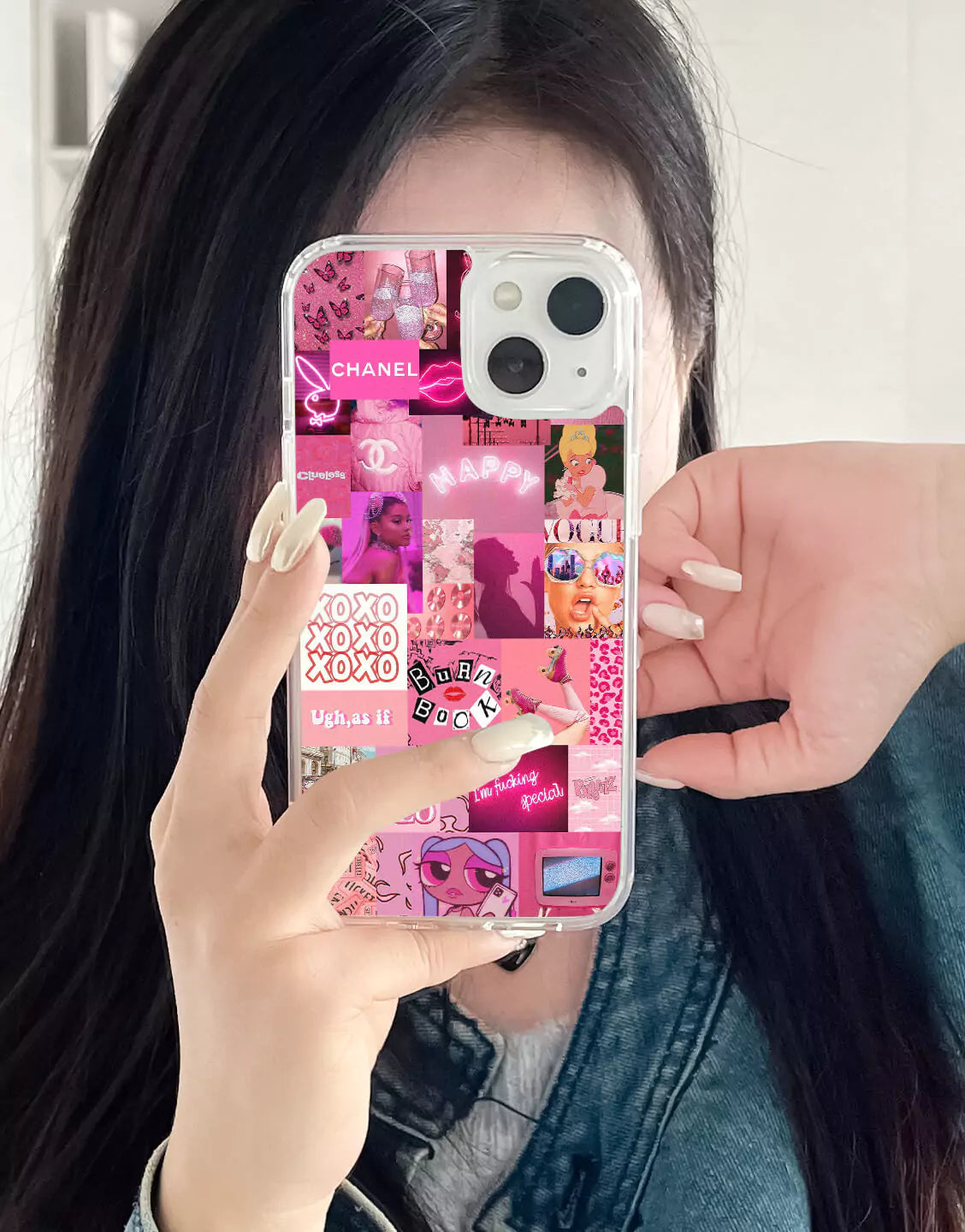 Coque de téléphone rose avec collage esthétique pour iPhone / Samsung