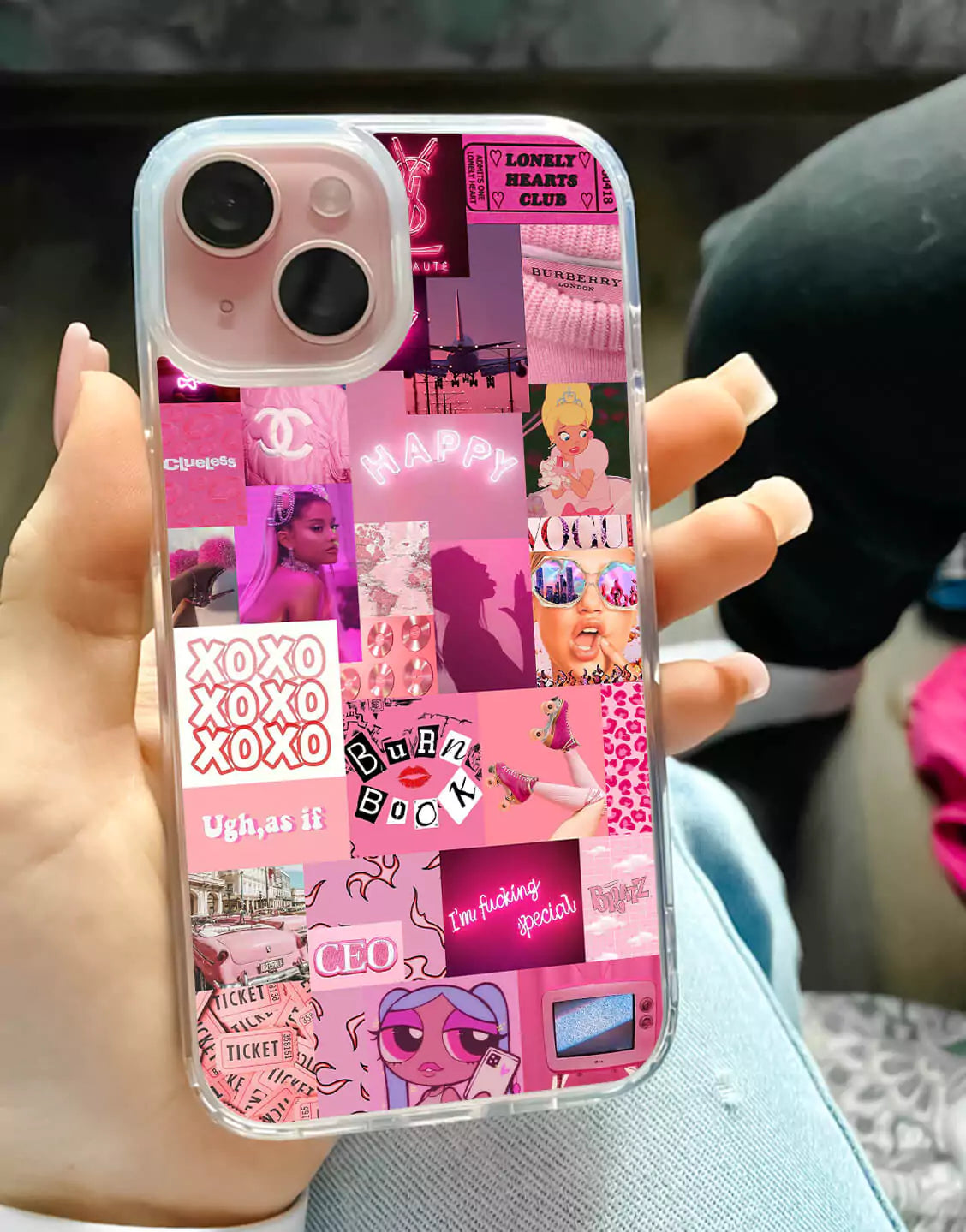 Coque de téléphone rose avec collage esthétique pour iPhone / Samsung