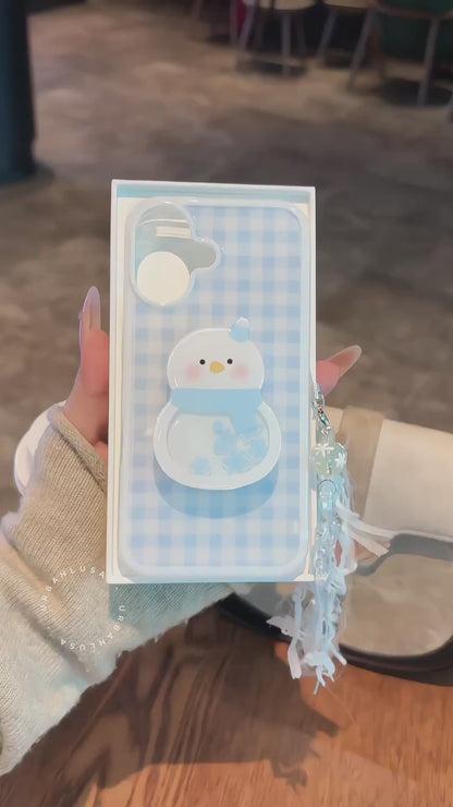 Baby Blue Plaid iPhone Case with Snowman Phone Grip & Snowflake Pendant