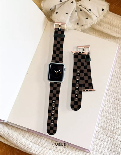 Vintage Dark Brown Checkered Vegan Leather Apple Watch Band