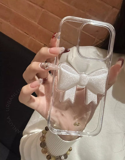 Beautiful Glitter 3D Bow Clear Phone Case for iPhone 16 15 14 13 12 Pro Max Cute Kawaii iPhone 16 15 14 13 12 Case Fairycore Aesthetic Phone Case Modern Minimalist