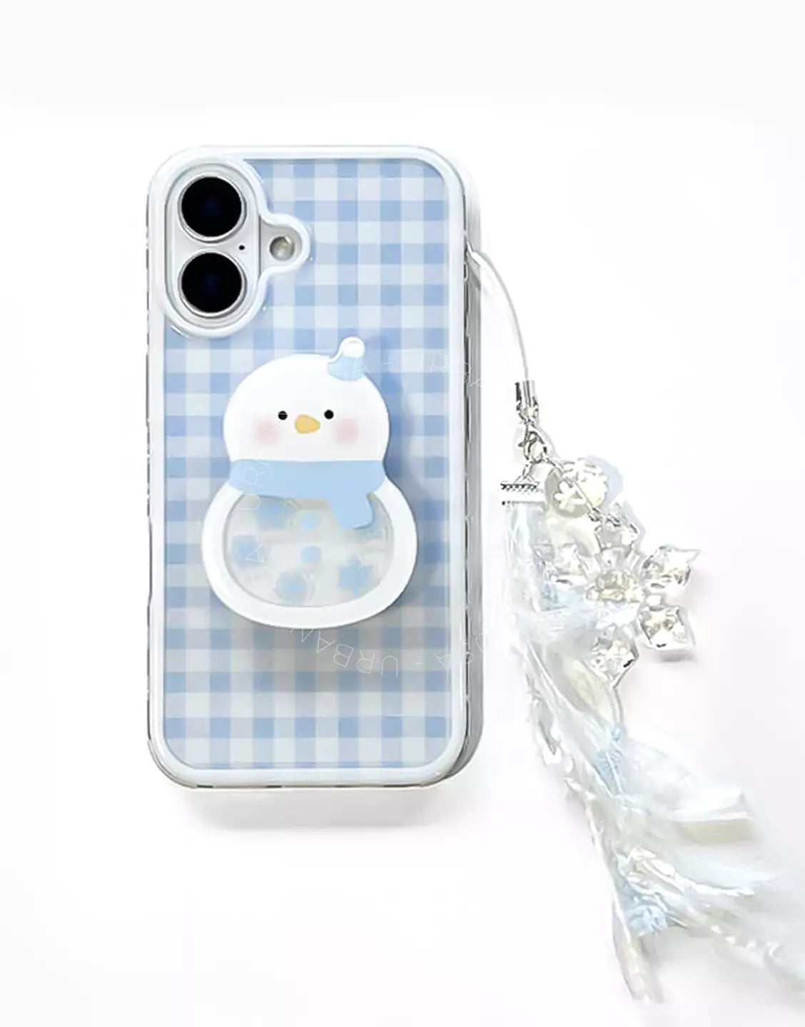 Baby Blue Plaid iPhone Case with Snowman Phone Grip & Snowflake Pendant