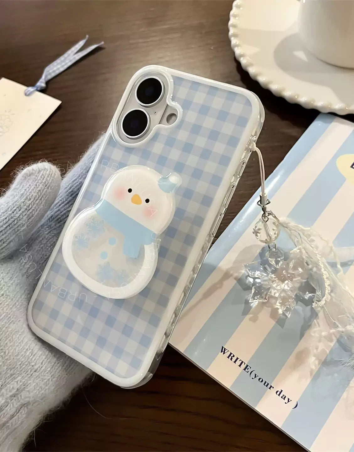 Baby Blue Plaid iPhone Case with Snowman Phone Grip & Snowflake Pendant