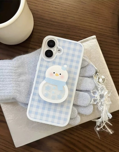 Baby Blue Plaid iPhone Case with Snowman Phone Grip & Snowflake Pendant