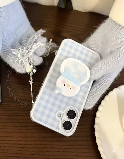 Baby Blue Plaid iPhone Case with Snowman Phone Grip & Snowflake Pendant