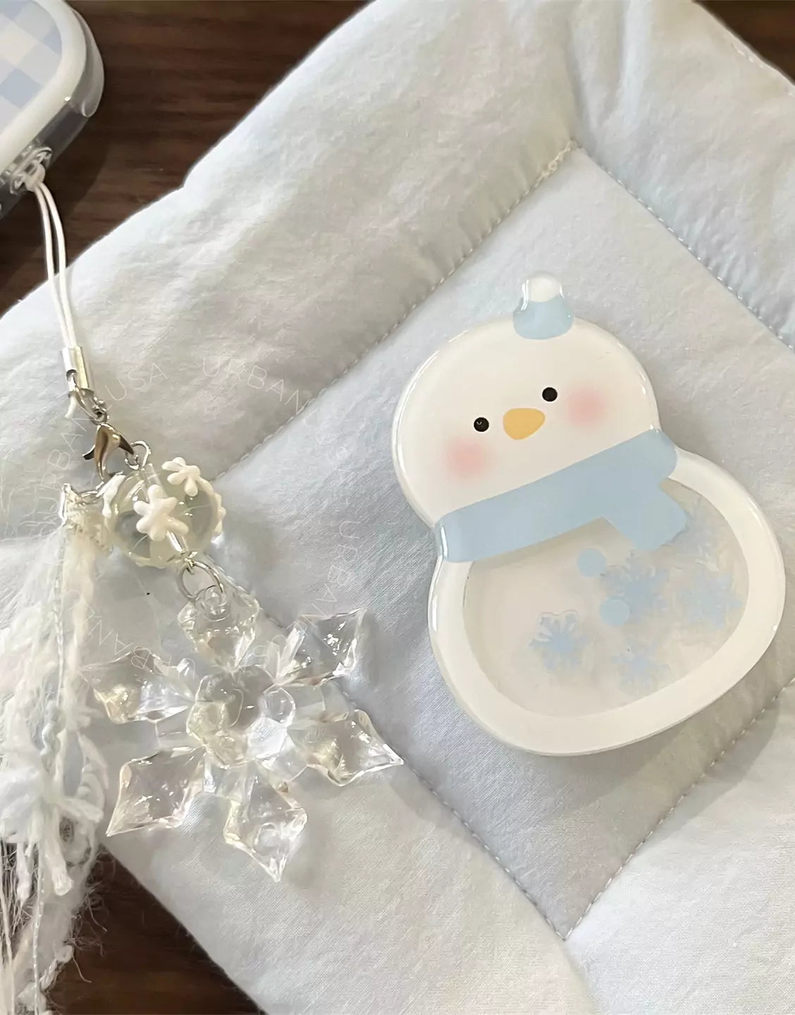 Baby Blue Plaid iPhone Case with Snowman Phone Grip & Snowflake Pendant