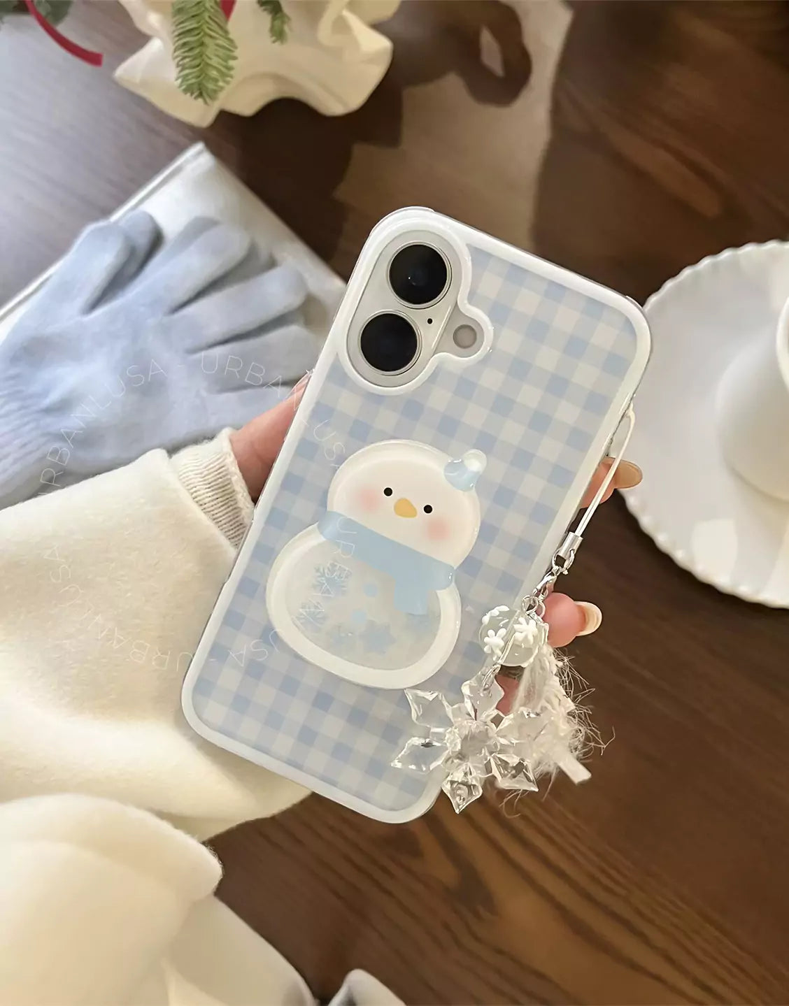 Baby Blue Plaid iPhone Case with Snowman Phone Grip & Snowflake Pendant