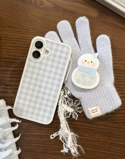 Baby Blue Plaid iPhone Case with Snowman Phone Grip & Snowflake Pendant