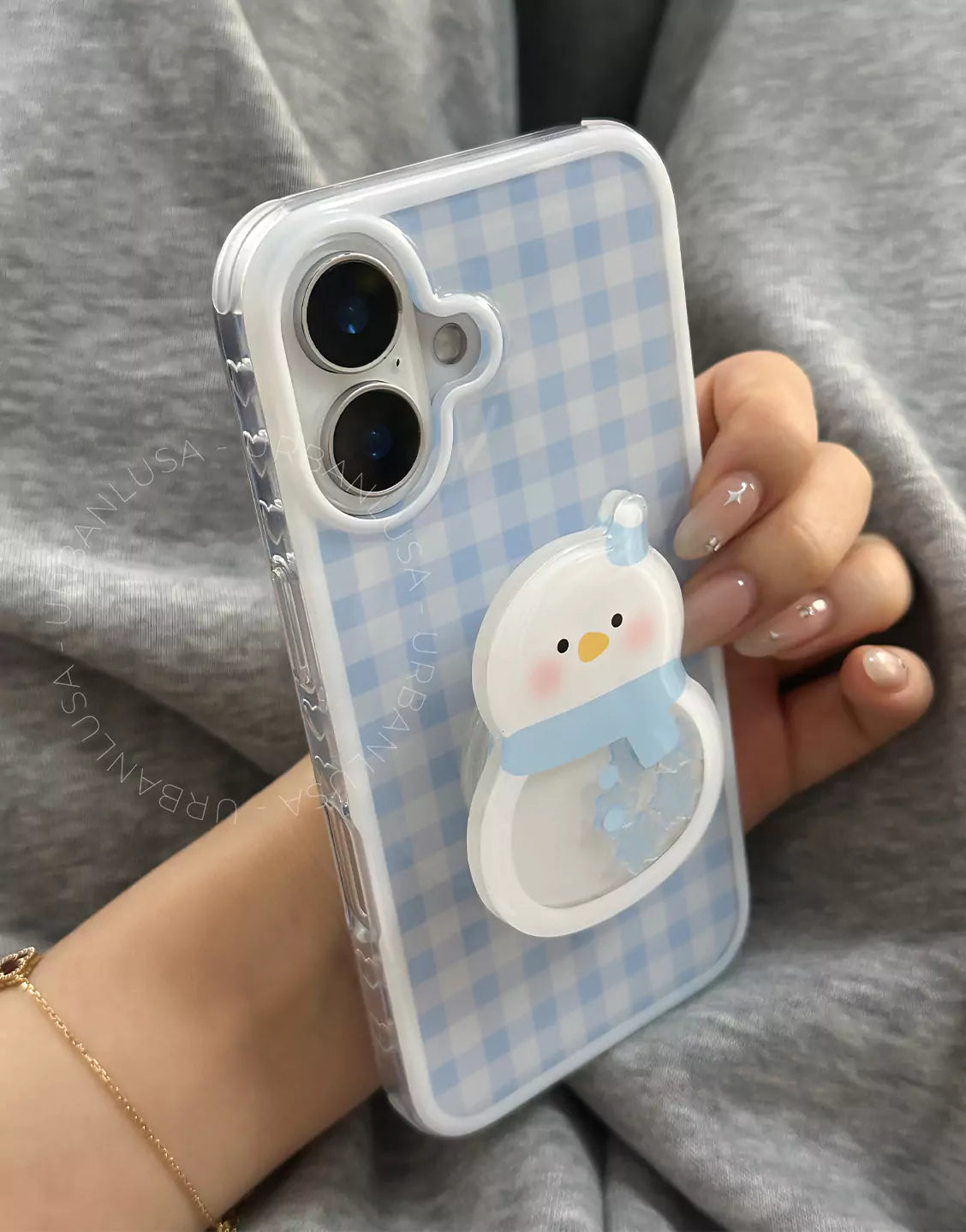 Baby Blue Plaid iPhone Case with Snowman Phone Grip & Snowflake Pendant