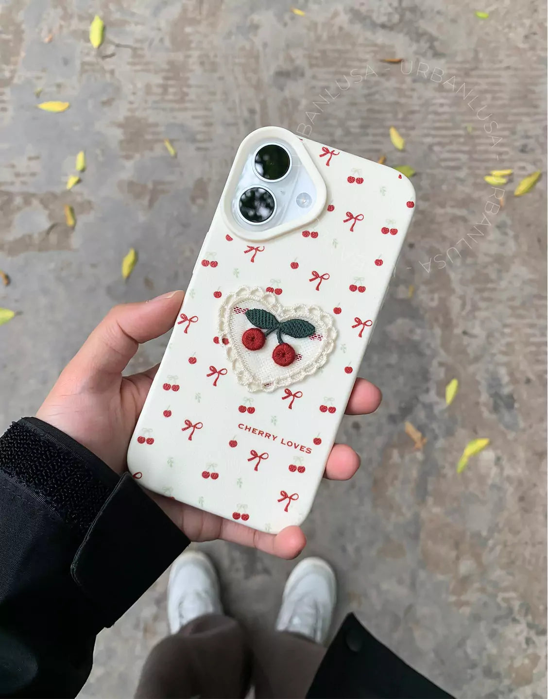 Cute Embroidered Cherry Phone Case for iPhone 16 15 14 13 12 Pro Max Cute iPhone 16 15 14 13 12 Case Kawaii Aesthetic Phone Case