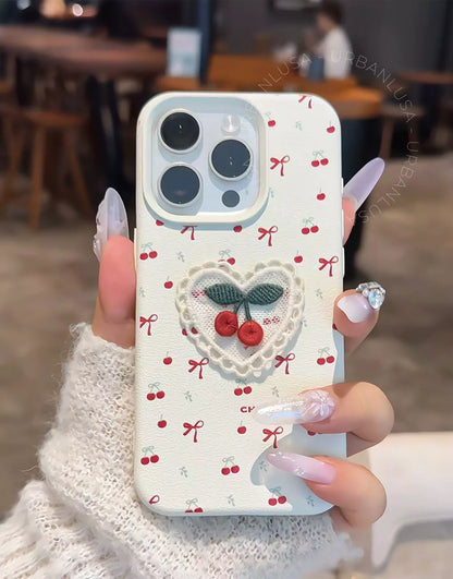 Cute Embroidered Cherry Phone Case for iPhone 16 15 14 13 12 Pro Max Cute iPhone 16 15 14 13 12 Case Kawaii Aesthetic Phone Case