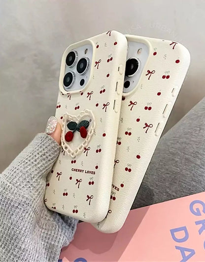 Cute Embroidered Cherry Phone Case for iPhone 16 15 14 13 12 Pro Max Cute iPhone 16 15 14 13 12 Case Kawaii Aesthetic Phone Case