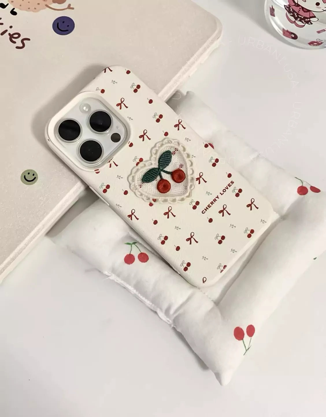 Cute Embroidered Cherry Phone Case for iPhone 16 15 14 13 12 Pro Max Cute iPhone 16 15 14 13 12 Case Kawaii Aesthetic Phone Case